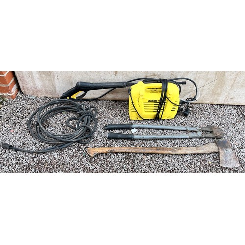 333 - SMALL KARCHER PRESSURE WASHER AND HOSE, AXE AND HEAVY DUTY BOLT CUTTERS