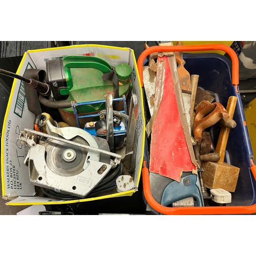 331 - BASKET OF MISCELLANEOUS HAND TOOLS, SAWS, AND BX WITH RADIAL SAW, FOOT PUMP, AND SPRAYER