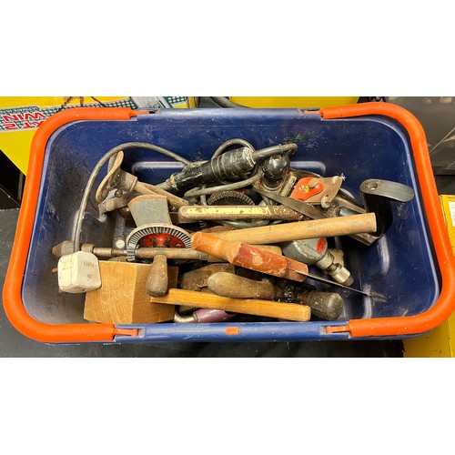 331 - BASKET OF MISCELLANEOUS HAND TOOLS, SAWS, AND BX WITH RADIAL SAW, FOOT PUMP, AND SPRAYER