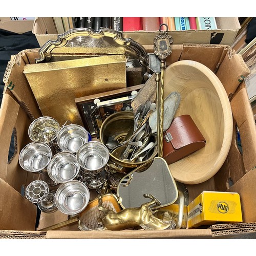 337 - BOX CONTAINING EPNS GOBLETS, BRASS HORSE FIGURES, PLANTER, CUTLERY, DESK STAMPER