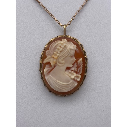 441 - 9CT GOLD MOUNTED OVAL CAMEO PENDANT BROOCH AND 9K TRACE CHAIN 8.2G OVERALL APPROX