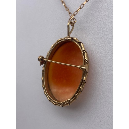 441 - 9CT GOLD MOUNTED OVAL CAMEO PENDANT BROOCH AND 9K TRACE CHAIN 8.2G OVERALL APPROX