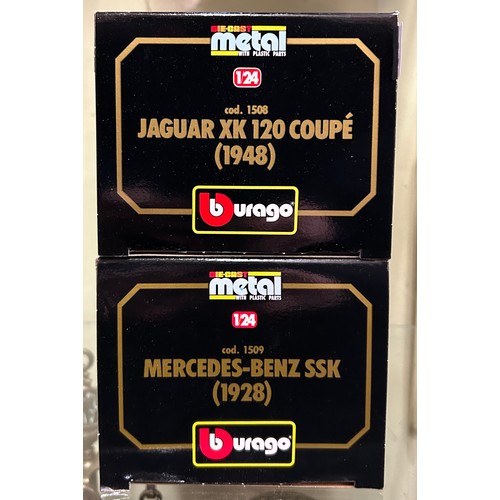 381 - TWO BURAGO 124 SCALE VINTAGE JAGUAR AND MERCEDES-BENZ CARS