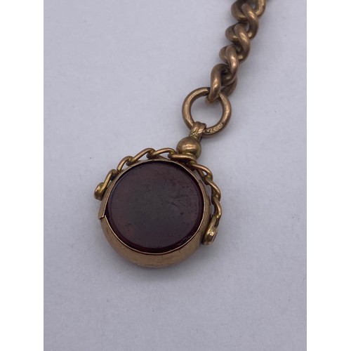 447 - 9CT ROSE GOLD ALBERT CHAIN WITH BLOODSTONE AND CORNELLIAN SWIVEL FOB 46.3G OVERALL APPROX