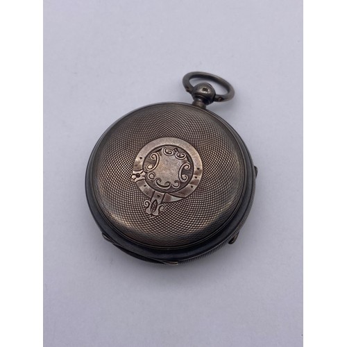 438 - SILVER CASED OPEN FACE POCKET WATCH WITH KEYS