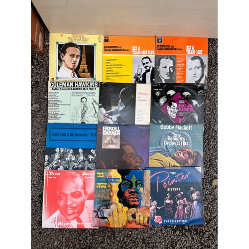 357 - CRATE OF VINYL JAZZ LPS - ERROLL GARNER, DUKE ELLINGTON ORCHESTRA, CLIFFORD BROWN AND BILLIE HOLIDAY