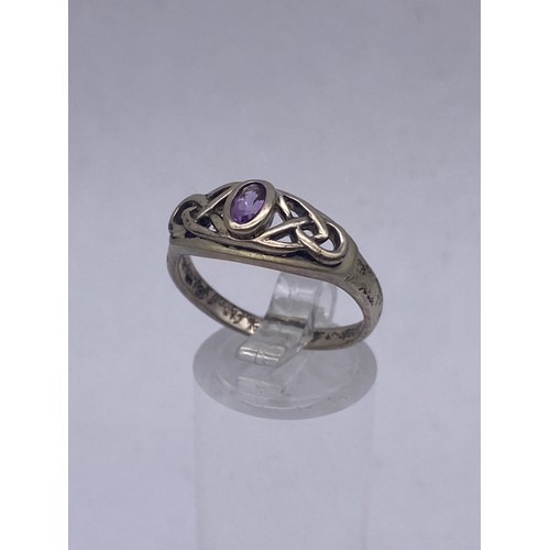 444 - SILVER AMETHYST CELTIC DESIGN DRESS RING AND A METAL INTERLACED DRESS RING