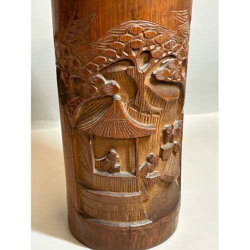 405 - PAIR OF CARVED CHINESE BAMBOO CYLINDRICAL BRUSH POTS