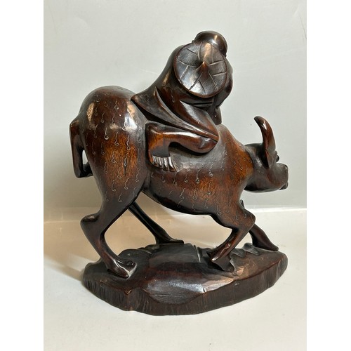 406 - PAIR OF CHINESE CARVED HARDWOOD GROUPS OF FIGURES ASTRIDE OXEN