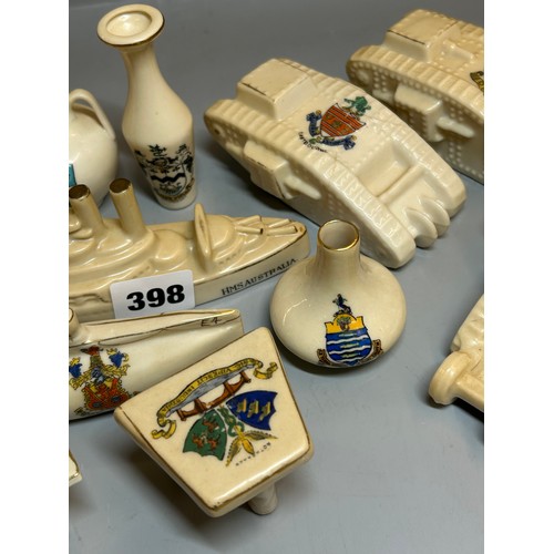 398 - SMALL QTY OF CRESTED CHINA INCLUDING WWI TANKS, HM LAND SHIP, HMS AUSTRALIA BATTLE SHIP, SUBMARINE A... 