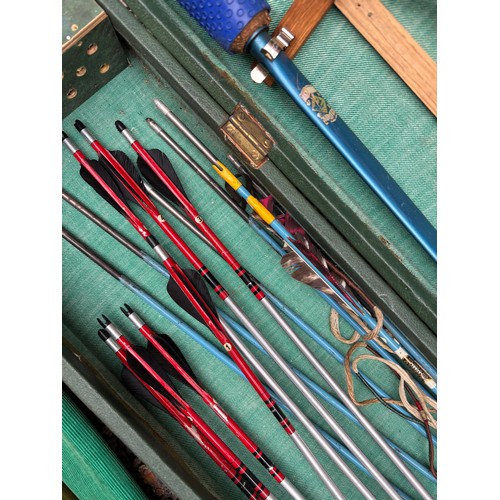 ARCHERY BOW AND CASE OF ARROWS AND RELATED ITEMS