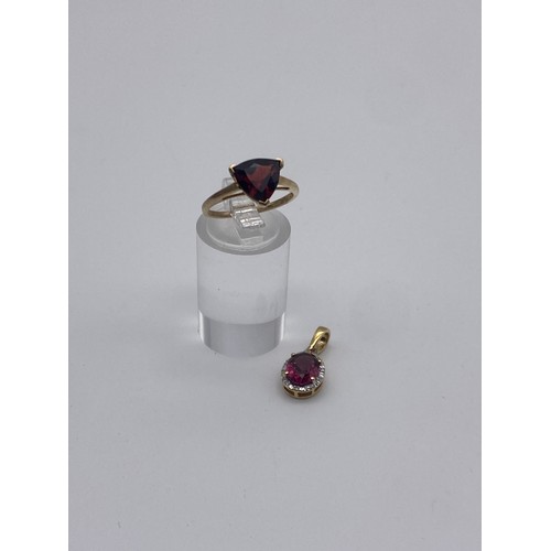 630 - 9K GOLD OCTAVIAN GARNET RING SIZE P/Q 1.4G AND 9K MAHENGE GARNET AND DIAMOND PENDANT 1.0G