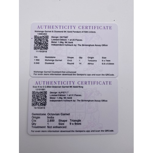 630 - 9K GOLD OCTAVIAN GARNET RING SIZE P/Q 1.4G AND 9K MAHENGE GARNET AND DIAMOND PENDANT 1.0G