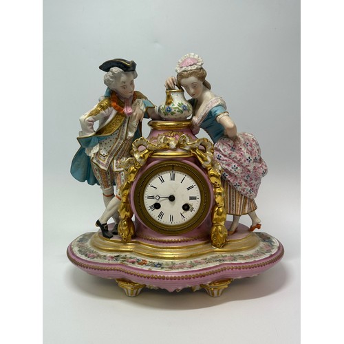 573 - CONTINENTAL PORCELAIN FIGURAL AND GILT DECORATED CLOCK