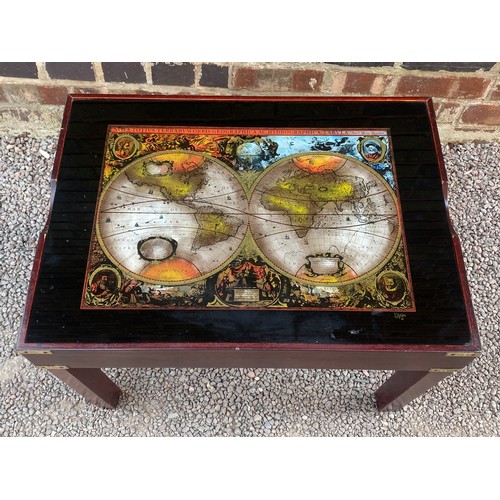 97 - GLASS MAP OF THE WORLD GAMES COFFEE TABLE AND CONTENTS