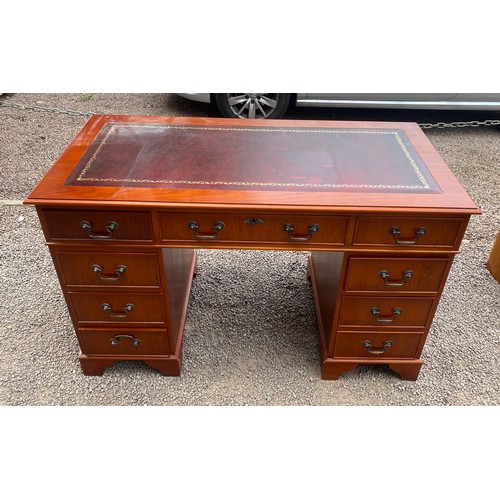 108 - REPRODUCTION YEW LEATHER TOPPED PEDESTAL KNEEHOLE DESK