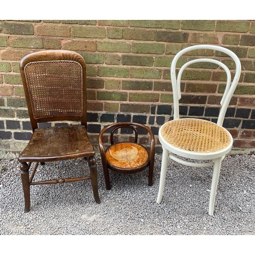95 - EDWARDIAN BEECH BERGERE CANED CHAIR, PAINTED BENTWOOD CHAIR AND A EMBOSSED SEATED CHILDS CHAIR