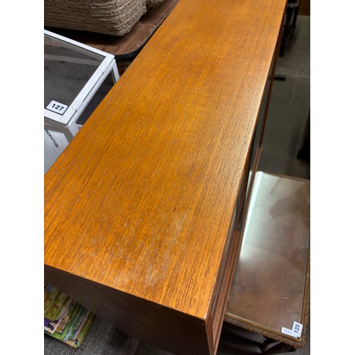 37 - TEAK CUPBOARD WITH GLAZED SLIDING DOORS