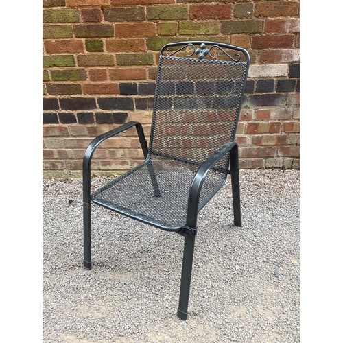 47 - BLACK GARDEN PATIO TABLE AND THREE LATTICE CHAIRS
