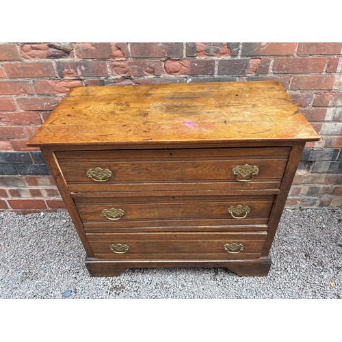 6 - EDWARDIAN OAK THREE DRAWER CHEST ON BRACKET FEET