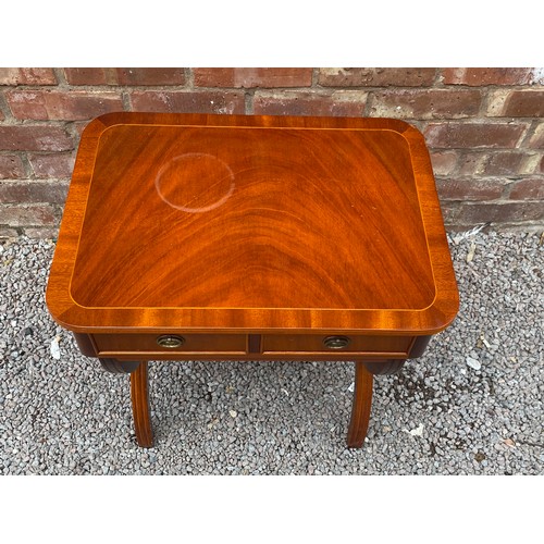 17 - REPRODUCTION REGENCY STYLE YEW CROSSBANDED TWO DRAWER SIDE TABLE