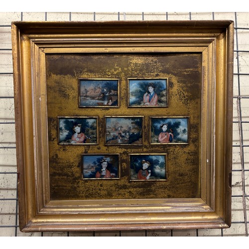 253 - COLLAGE PANEL OF CHINESE MINIATURE PAINTINGS UNDER GLASS