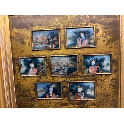 253 - COLLAGE PANEL OF CHINESE MINIATURE PAINTINGS UNDER GLASS