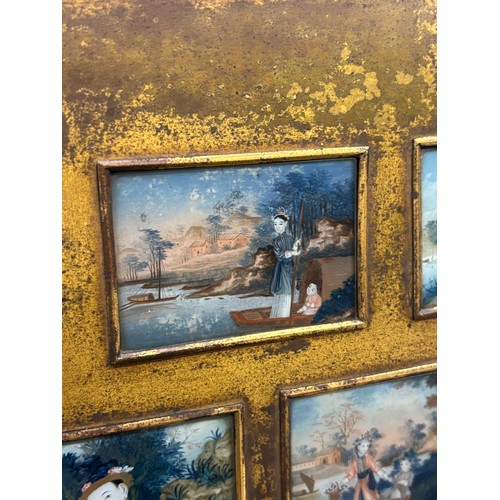253 - COLLAGE PANEL OF CHINESE MINIATURE PAINTINGS UNDER GLASS