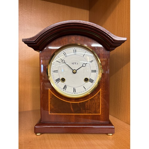 387 - REPRODUCTION AMS GLOSS MAHOGANY AND INLAID EFFECT CHIMING MANTEL CLOCK