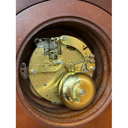 387 - REPRODUCTION AMS GLOSS MAHOGANY AND INLAID EFFECT CHIMING MANTEL CLOCK