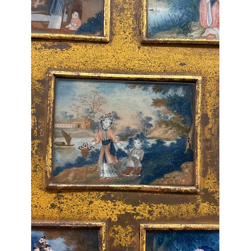 253 - COLLAGE PANEL OF CHINESE MINIATURE PAINTINGS UNDER GLASS