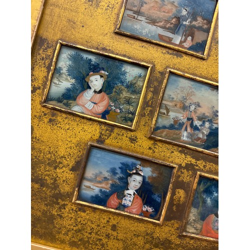 253 - COLLAGE PANEL OF CHINESE MINIATURE PAINTINGS UNDER GLASS
