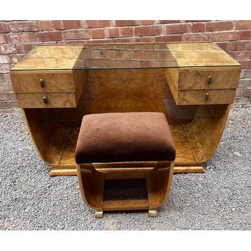 197 - SUPERB QUALITY HILLE STYLE ART DECO BURR WALNUT DRESSING TABLE WITH GLASS TOP AND STOOL