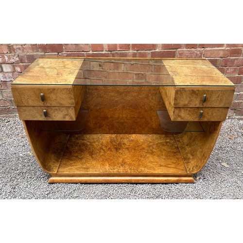 197 - SUPERB QUALITY HILLE STYLE ART DECO BURR WALNUT DRESSING TABLE WITH GLASS TOP AND STOOL