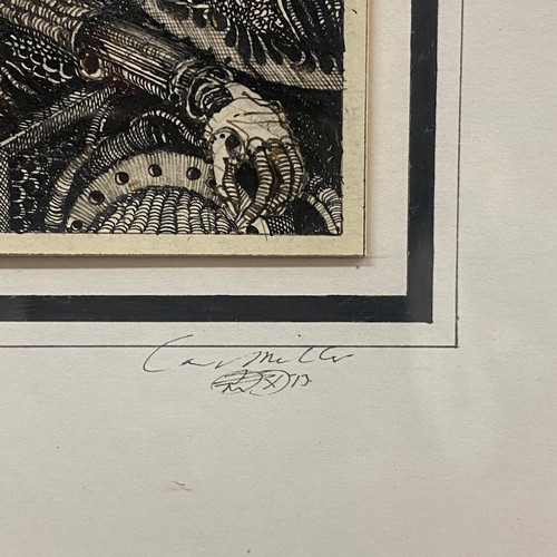 IAN MILLER INK AND PEN DRAWING 1973, SIGNED IN PEN- FANTASY BATTLE SCENE