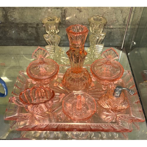 PINK TINTED 1930'S DRESSING TABLE SET AND PAIR OF GLASS CANDLESTICKS
