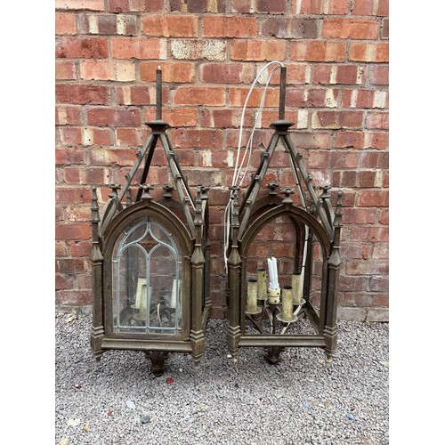 242 - PAIR OF HEAVY CAST GOTHIC REVIVAL FOUR PANE HALL LANTERNS WITH SUSPENDING RODS, AF