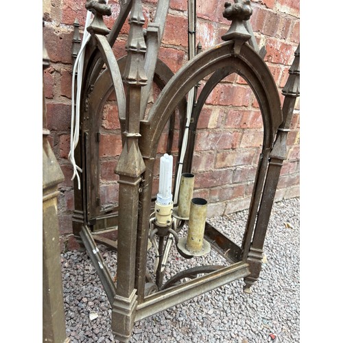 242 - PAIR OF HEAVY CAST GOTHIC REVIVAL FOUR PANE HALL LANTERNS WITH SUSPENDING RODS, AF