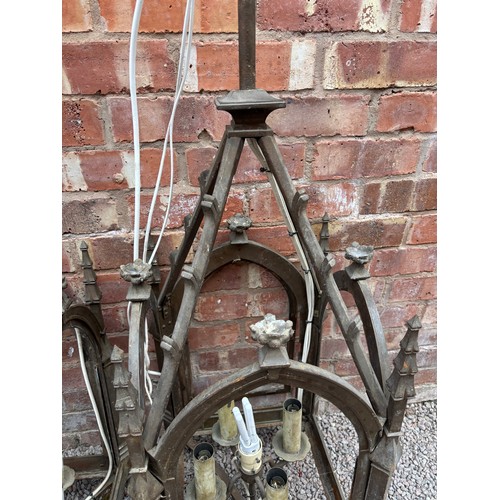 242 - PAIR OF HEAVY CAST GOTHIC REVIVAL FOUR PANE HALL LANTERNS WITH SUSPENDING RODS, AF