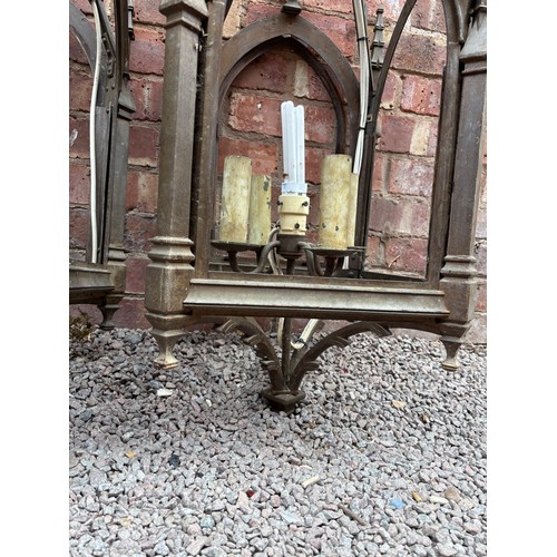 242 - PAIR OF HEAVY CAST GOTHIC REVIVAL FOUR PANE HALL LANTERNS WITH SUSPENDING RODS, AF