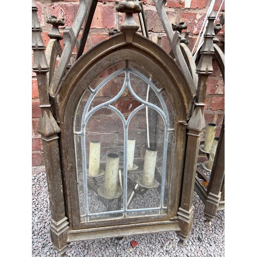 242 - PAIR OF HEAVY CAST GOTHIC REVIVAL FOUR PANE HALL LANTERNS WITH SUSPENDING RODS, AF
