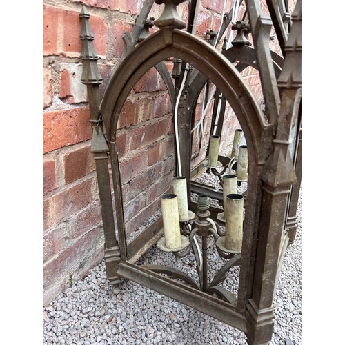 242 - PAIR OF HEAVY CAST GOTHIC REVIVAL FOUR PANE HALL LANTERNS WITH SUSPENDING RODS, AF