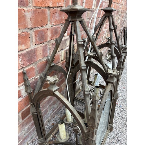 242 - PAIR OF HEAVY CAST GOTHIC REVIVAL FOUR PANE HALL LANTERNS WITH SUSPENDING RODS, AF