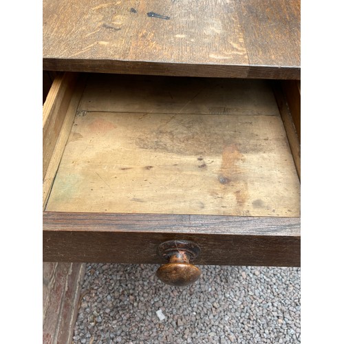 53 - LATE VICTORIAN OAK DROP FLAP KITCHEN TABLE WITH LONG FRIEZE DRAWER