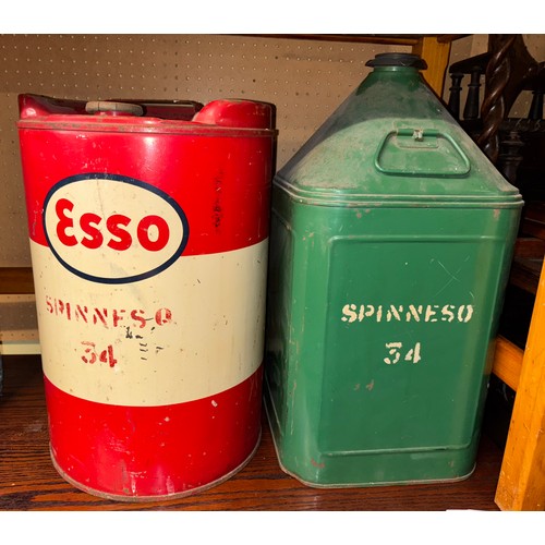 55 - ESSO PAINTED OIL DRUM, GREEN ENAMEL CANISTER AND A BLUE JERRY CAN