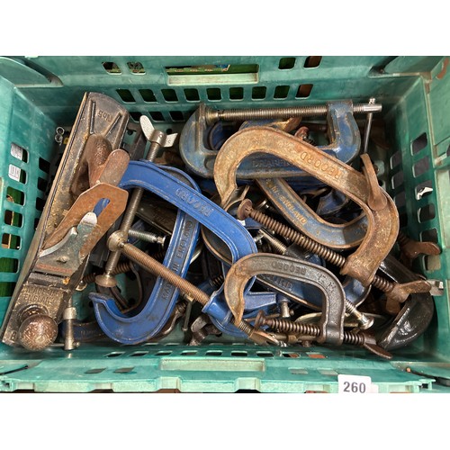260 - CRATE OF G CLAMPS AND A STANLEY NO. 5 PLANE