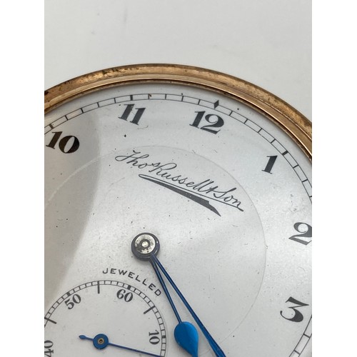 645 - 9CT GOLD CASED THOMAS RUSSELL AND SON POCKET WATCH 91G OVERALL.