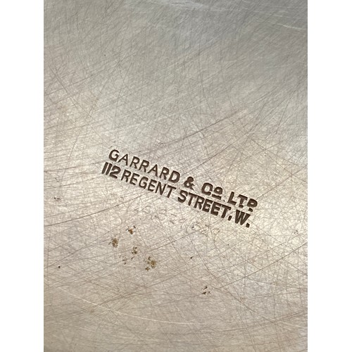 619 - SHEFFIELD SILVER GARRARD AND CO. SERPENTINE EDGED PRESENTATION TRAY ON RAISED LEGS 42 OZ APPROX.