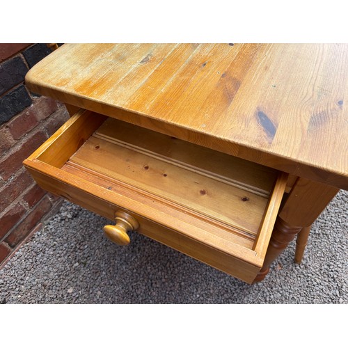 15 - PINE FARMHOUSE STYLE TABLE WITH LONG DRAWER AND FOUR SLAT BACK DINING CHAIRS