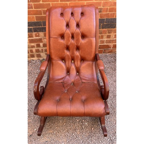 23 - BROWN BUTTON BACK LEATHER REGENCY STYLE ROCKING CHAIR